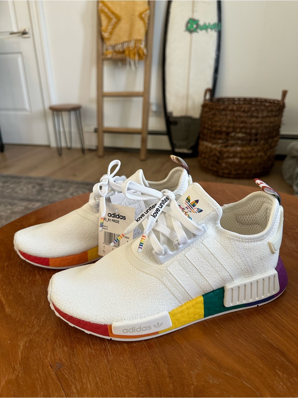 Adidas NMD White Sneakers with Rainbow Midsole Accents